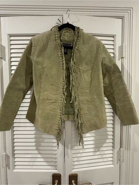 Dialogue Olive Green Suede Fringe Jacket